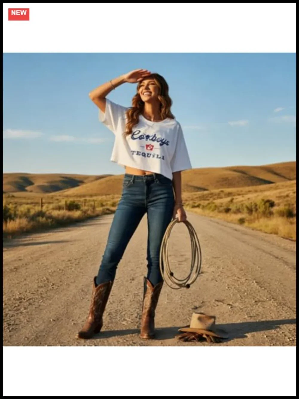 Women's Cowboy Graphic Crop Tee Vintage Western Concert Shirt Cotton Blend